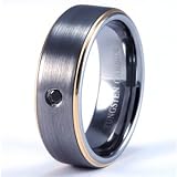 8MM Men's Gold Trim Center Brushed Tungsten Carbide Ring With BLACK DIAMOND Wedding Bands