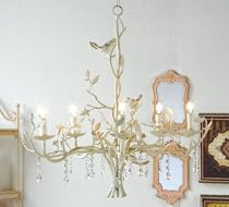 COUNTRY metal CHANDELIER antique white BIRDS electric