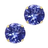 1.00 Ct AAA Round 5mm Genuine Tanzanite Solid 10K Yellow Gold Stud Earrings