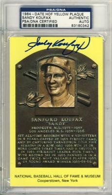 Sandy Koufax Signed Yellow Hof Postcard Plaque Psa/dna Slabbed - MLB Cut Signatures