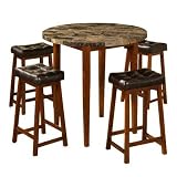Home Source Industries 12331 Saddle Round Bistro 5 Piece Set with Round Marble Table and 4 Stools, Mahogany