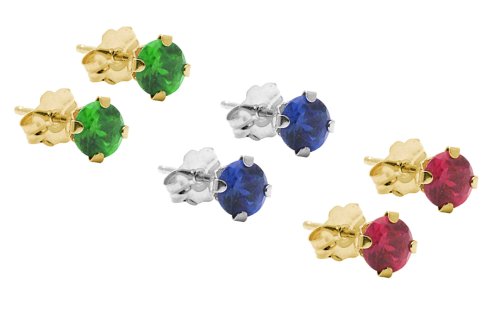 10k Gold Created Sapphire, Ruby, and Emerald Stud Set