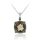 Sterling Silver 1/4ct Champagne Diamond & 7.40ct Smokey Quartz Square Necklace