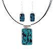 Necklace and Earrings Set - XS-38 - Genuine Handmade Dichroic Glass Pendant and Earrings - Rectangle Shape - Hung on a 16" Stainless Steel Black Multi-Strand Cord + 2" Extension Chain and French Wires ~ All Findings and Earring wires are made of .925 Sterling Silver