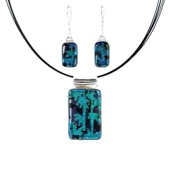 Necklace and Earrings Set - XS-38 - Genuine Handmade Dichroic Glass Pendant and Earrings - Rectangle Shape - Hung on a 16" Stainless Steel Black Multi-Strand Cord + 2" Extension Chain and French Wires ~ All Findings and Earring wires are made of .925 Sterling Silver