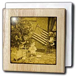 Girl and American Flag Vintage Christmas Antiqued tone - 6 Inch Tile Napkin Holder
