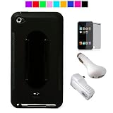 Silicone Skin for Apple iPod Touch 4th Generation (8GB 16GB 32GB) iPod Touch 4 Latest Gen + Armband + Mirror Screen Protector + USB Car Charger for Apple iPod 4G + USB Wall Charger (Black)