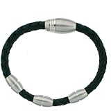 Men's Bracelet Leather Black Woven with Stainless Steel Magnetic Brushed Satin Links 8 3/4" by Bucasi SALE