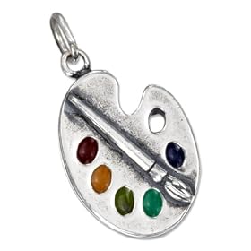 STERLING SILVER ENAMEL ARTIST PALETTE CHARM WITH PAINT AND BRUSH