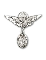 Sterling Silver Baby Badge with Guardian Angel Charm and Angel with Wings Badge Pin
