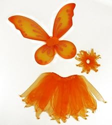 3 Piece Girls Orange Pixie Fairy Costume Wing Set with Wings, Tutu, Hair-tie (Pony-o). Select Color: Orange