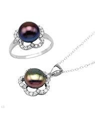 Sterling Silver Pearls and 2.5 CTW Cubic Zirconias Ladies Jewelry Set. Ring Size 9. Length 18 in. Total Item weight 3.7 g.