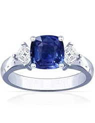 18K White Gold Cushion Cut Blue Sapphire Three Stone Ring