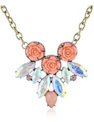 Resin Flower Pendant Glass Faceted Stone Necklaces Burnished Gold Tone Necklace, 32"+3" Extender