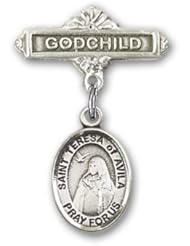 Sterling Silver Baby Badge with St. Teresa of Avila Charm and Godchild Badge Pin