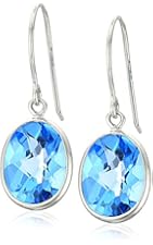 14k White Gold Contemporary Bezel Set Design Oval Swiss-Blue-Topaz Drop Earrings