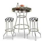 Chrome Bar Table & 2 Chrome Finish Checkered Flag Fabric Seat Barstools