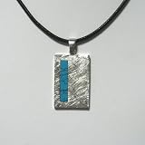 Blue Turquoise Rectangular Strip Silver Pendant w. Leather Necklace