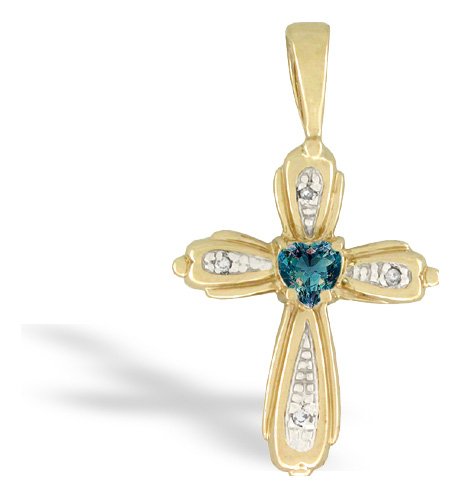 14K Yellow Gold Heart Created Alexandrite and Diamond Cross Pendant