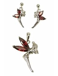 kala-isjewels - Silver Sterling Ladies Ruby Cz color Fairies Pendant(1"") and Earrings (0,78"" )Set .