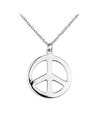 .925 Sterling Silver Rhodium Coated Peace Sign Pendant Necklace with 1.2mm Cable Rolo Chain - 16"+2" Inches Extension