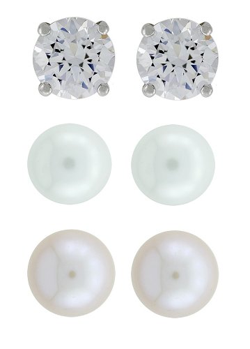 Platinum Plated Sterling Silver Freshwater Cultured Pearl and Round Cubic Zirconia Stud Earrings Set