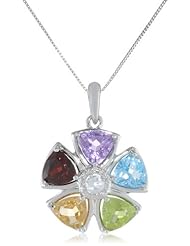 10k White Gold Trillion and Round Shaped Multi Semi-Precious Flower Pendant Necklace , 18"