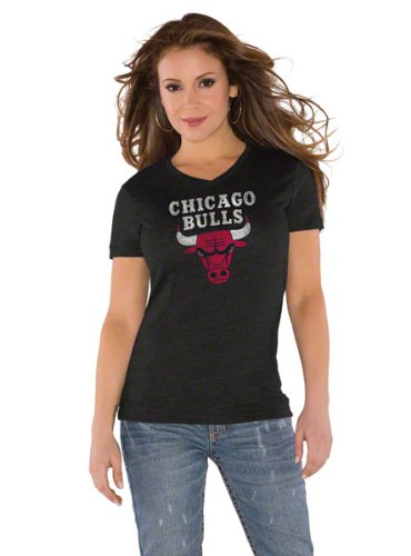 Chicago Bulls Black Women's Primary Logo Tri Blend V Neck T-Shirt- by Alyssa Milano