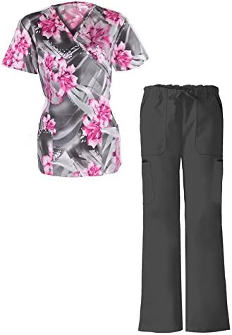 G Med Women's Printed Scrub Mock Wrap Top with Bow Tie and Pant Set 2 Pieces Set(SET-MED,GRYA2-XL)