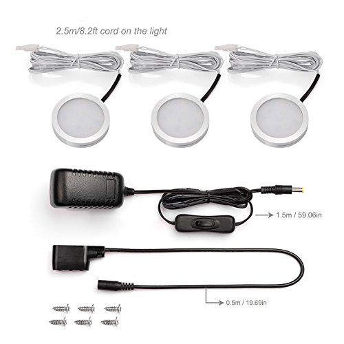 B-right Set of 3 LED Puck Lights, Under Cabinet Lighting, 510lm, Total of 6W, DC 12V, 3000K Warm White, All Accessories Included, LED Closet Lights, Under Counter Lighting