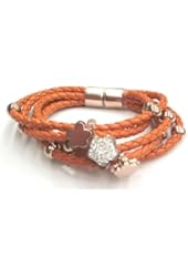 Orange Braided Leather Five Strand Bracelet with Flowers and Rings Charms. Largest Flower in Center Has White Pave Crystals.