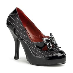4 1/2 inch Heel, 3/4 inch Hidden Platform Spectator Pump W/ Large Bow Black Pinstripes Satin-Black Patent