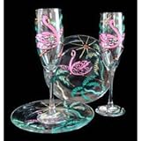 Flamingo Frolic Design - Hand Painted - Toasting Flutes - 6 oz. & 7 inch Cake Plates