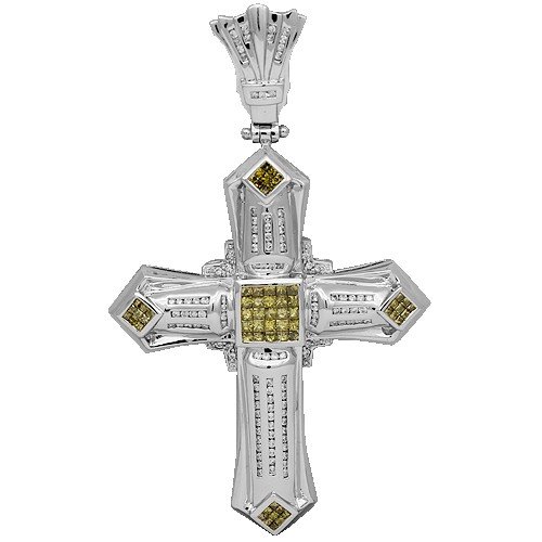14K White Gold Mens Diamond Cross Pendant with Yellow Diamonds 3.45 Ctw