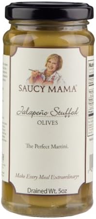 Saucy Mama Jalapeno Stuffed Olives, 5-Ounce Boxes (Pack of 6)