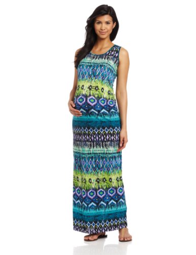 Three Seasons Maternity Women's Maternity Printed Maxi Dress, Blue, Large Three Seasons Maternity Women's Maternity Printed Maxi Dress, Blue, Large