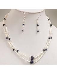 2 Strands Elegant Natural Fresh Water Pearl & Sapphire Beaded Necklace with Free Earrings