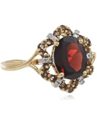 Sterling Silver with Yellow Gold Plated Garnet, Smokey Quartz and Diamond Ring, Size 7