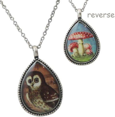 Reversable! 2 in 1 Vintage Owl & Mushroom Necklace - Vintage Silvertone Plating