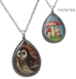 Reversable! 2 in 1 Vintage Owl & Mushroom French Art Nouveau Style Necklace - Dull Silver/Pewter Finish By Lavishy