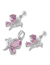 Sterling Silver Pink CZ Half Butterfly Earring & Necklace Set