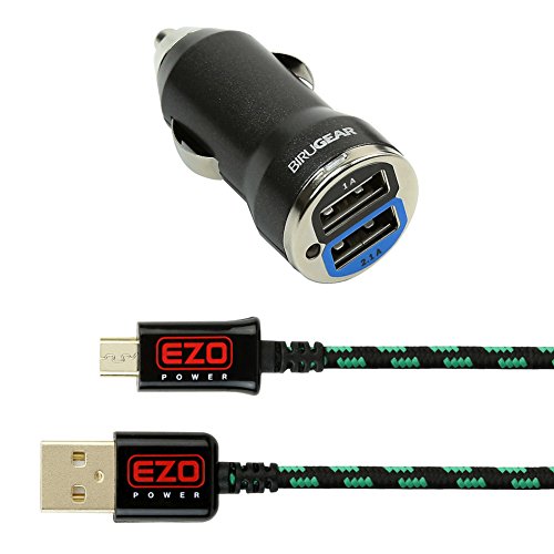 EZOPower Cloth Micro USB Data Cable w/ 2-Port USB Car Charger Adapter for Motorola Moto E (2nd gen.), Moto G (2nd gen.), Moto X (2nd gen.), Samsung HTC LG and more (Black/ Green 6 Ft)