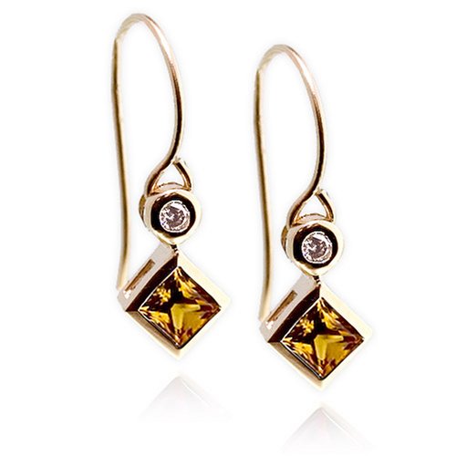 14k Yellow Gold Citrine Princess Cut and Diamond Earrings