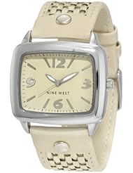 Nine West Womens NW/1281CMCM Rectangle Silver-Tone Cream Raffia Woven Strap Watch