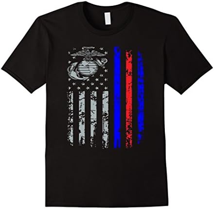 Men's Marine America Flag Blue Red line - Cool Marine T shirt Medium Black