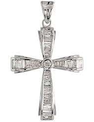 14k White Gold 1 1/2" (39mm) tall Diamond Cross Pendant, w/ 1.10 Carats Baguette & Brilliant Cut Diamonds