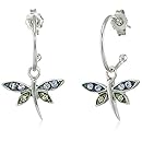Sterling Silver Blue and Green Crystal Dragonfly Charm Hoop Earrings