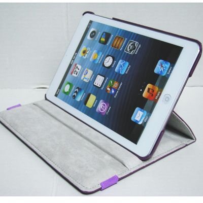 iPad mini ケース／アイパッド ミニ／スタンドＣ型／合皮製／牛皮模様／モニター回転式／パープル／紫色