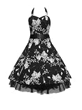 50's Dress Halterneck Black & White Floral - Size 14 (L)