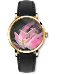 SPRAWL Aanalog Fashion Series Gold Ladies Watches of Genuine Black Leather Strap,Unique Wrist Watch for Women Girls Designed with Pink flower melting in
